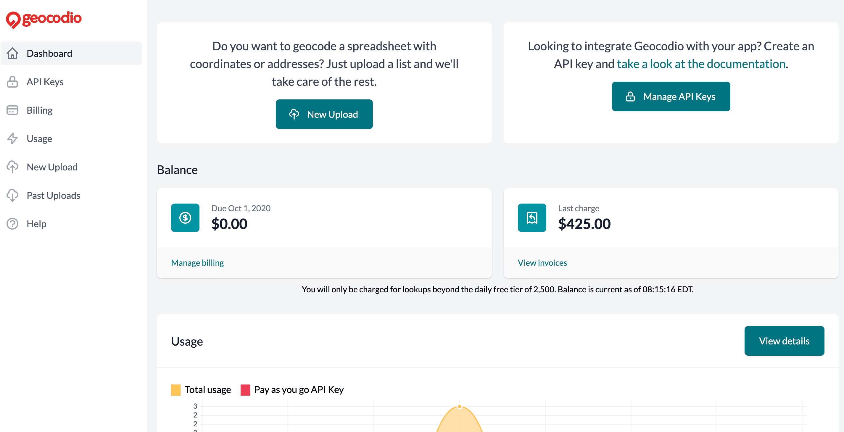 Screenshot of the Geocodio dashboard homepage